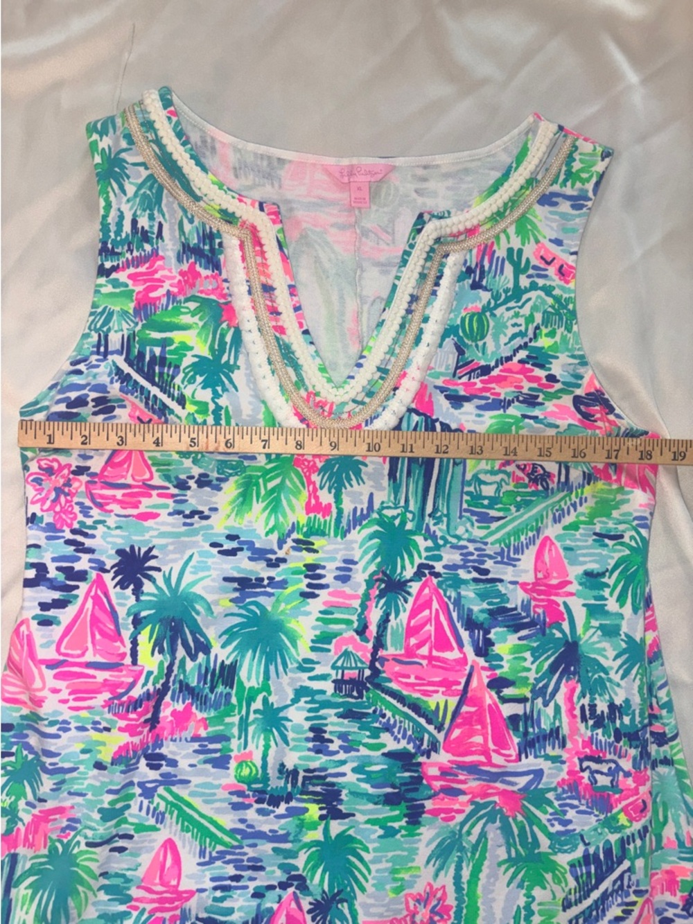Lilly Pulitzer XL Tropical Shift Dress Gold Trim V-Neck - Picture 10 of 12